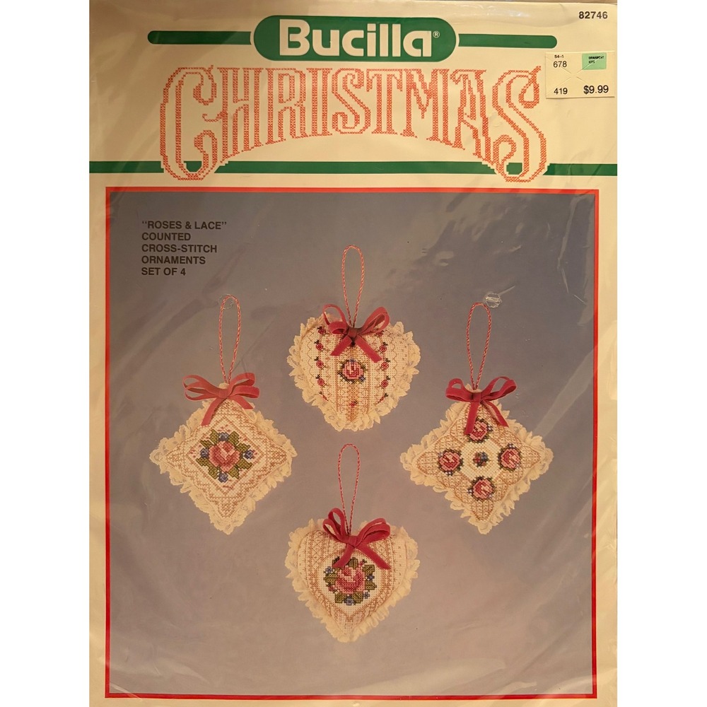 Vintage Bucilla Roses & Lace Counted Cross Stitch Ornaments Kit 82746 Set of 4